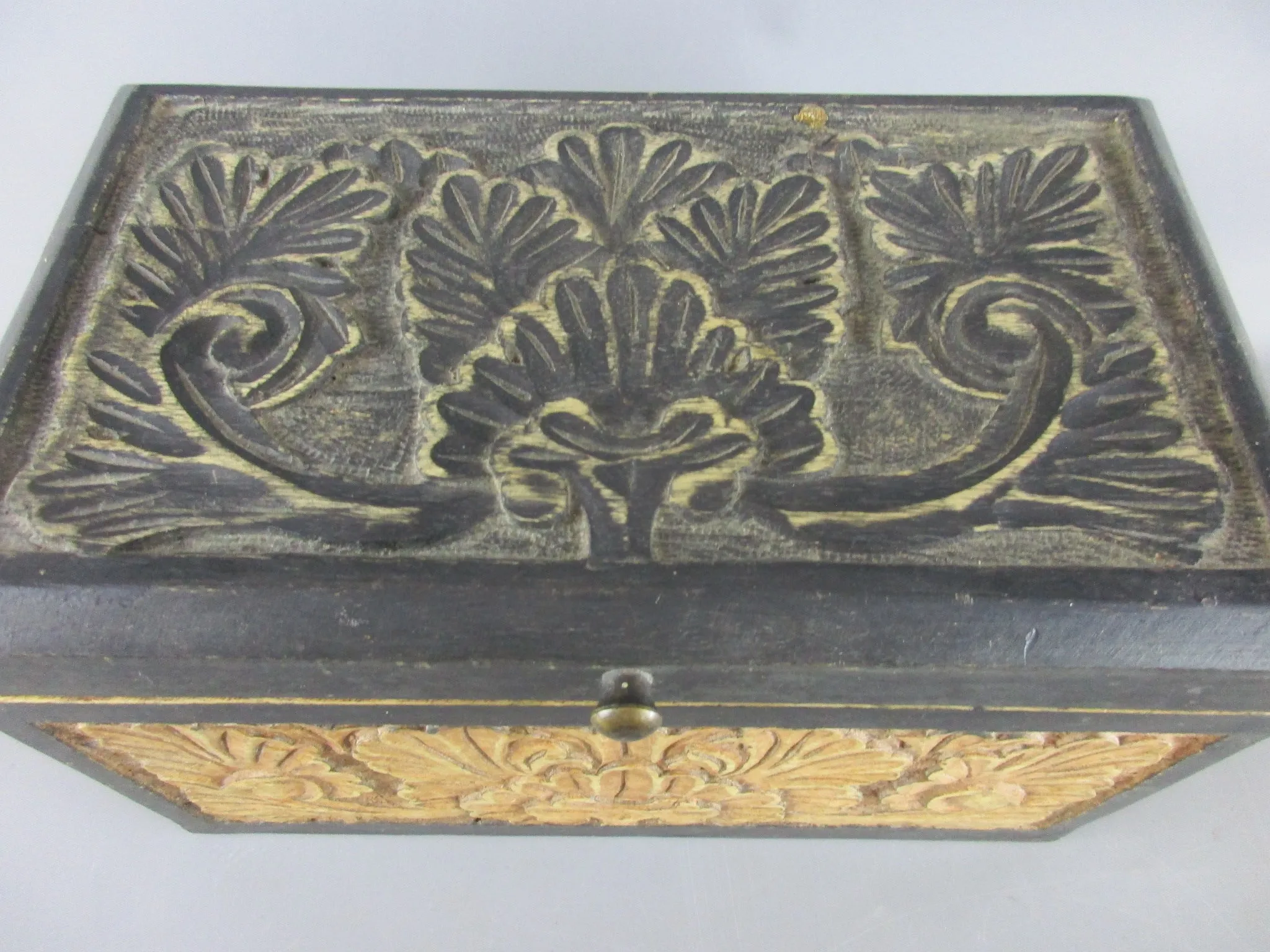 Floral Hand Carved Wooden Storage Caddy Vintage c1970