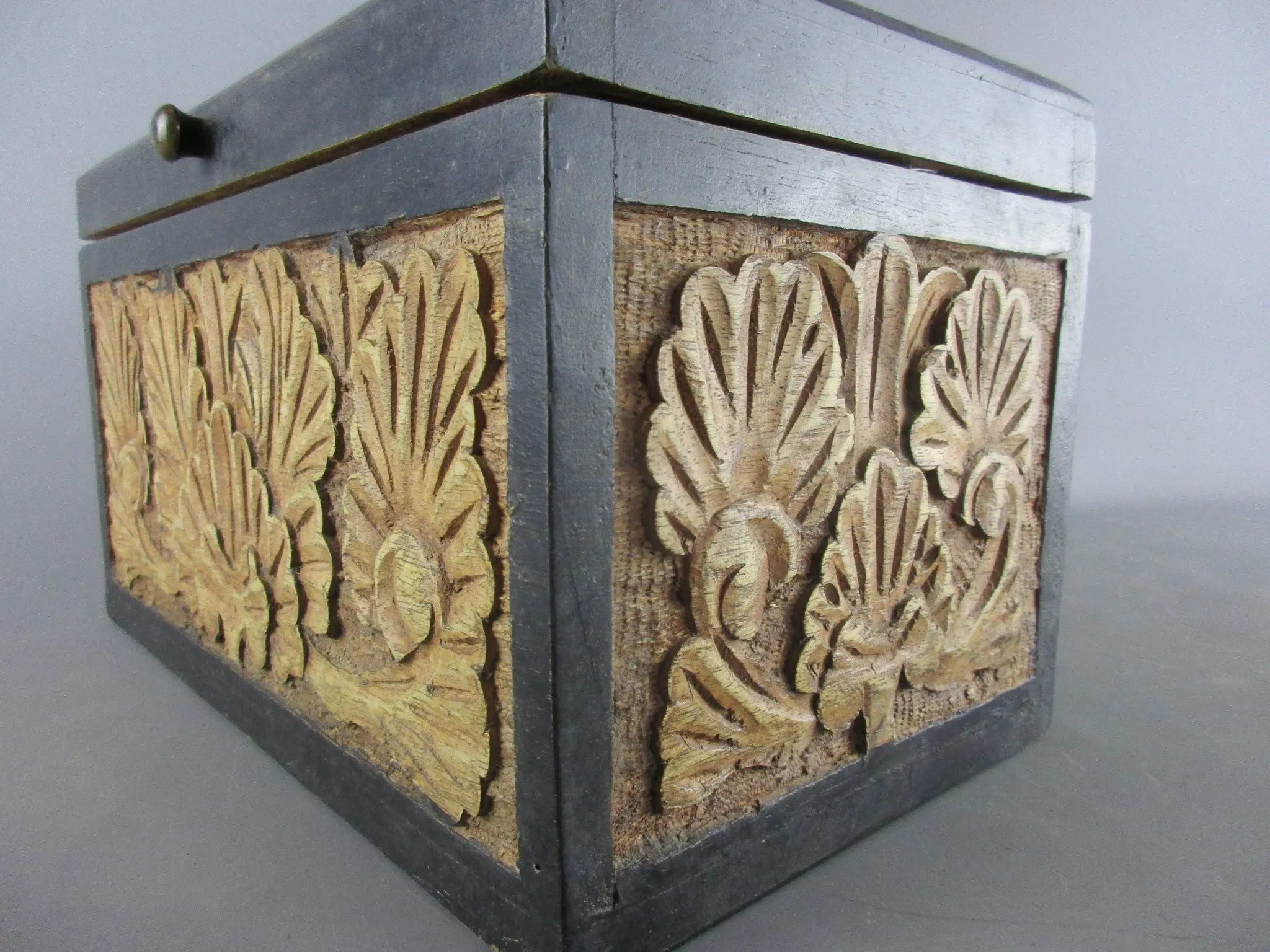 Floral Hand Carved Wooden Storage Caddy Vintage c1970