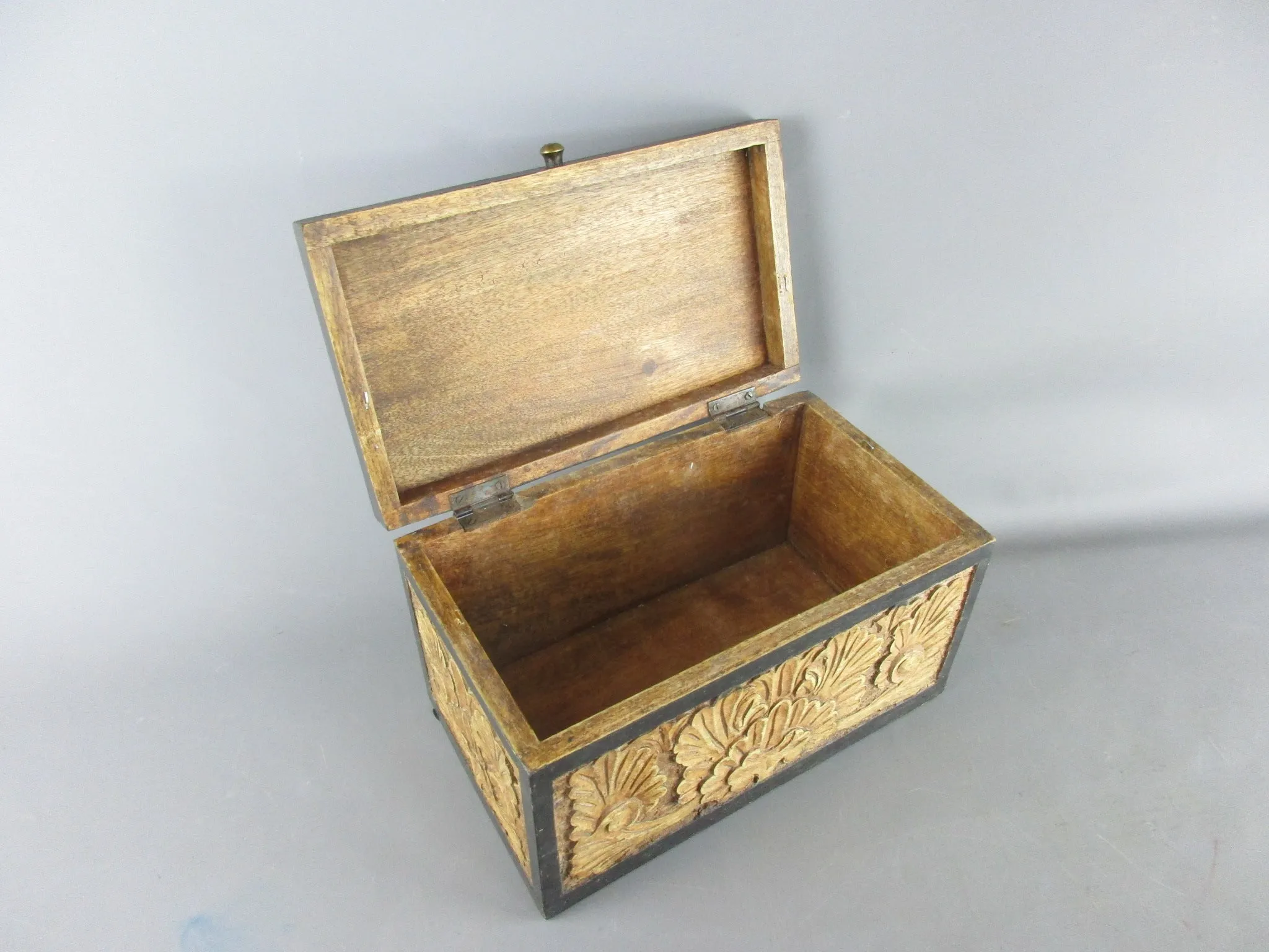 Floral Hand Carved Wooden Storage Caddy Vintage c1970