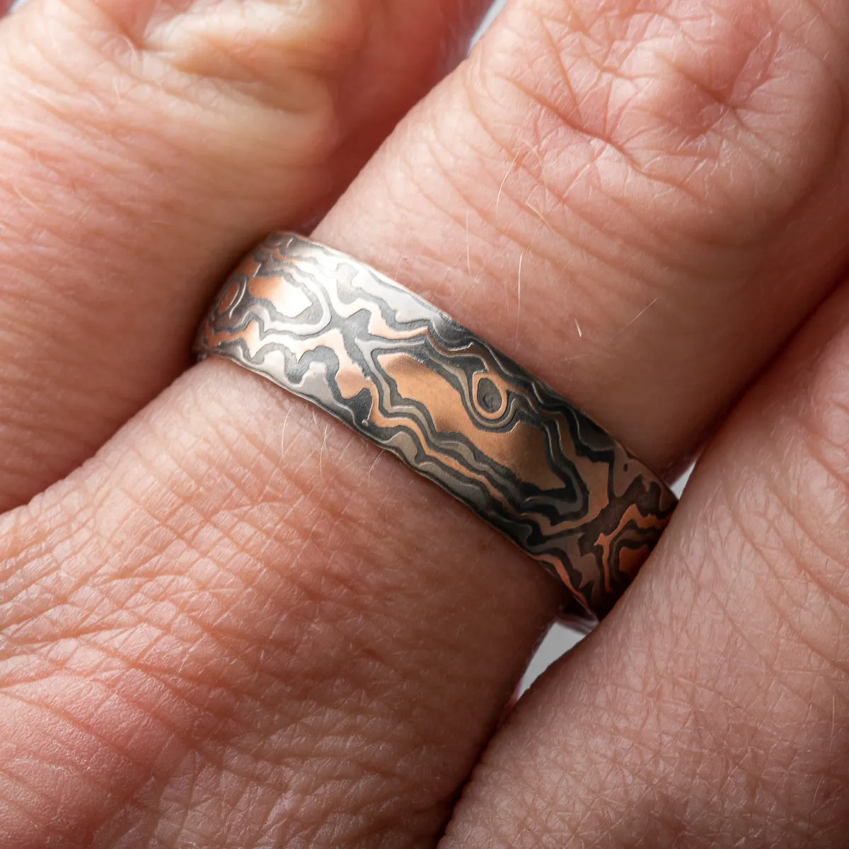 Forest Mokume Gane Ring or Wedding Band in Embers Palette and Woodgrain Pattern SHIPS TODAY