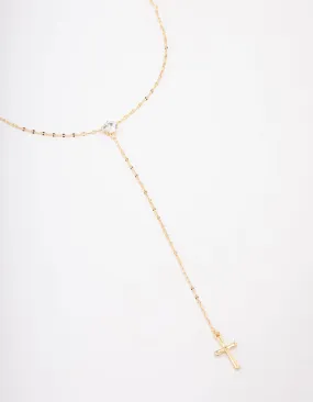 Gold Plated Cubic Zirconia Cross Lariat Necklace