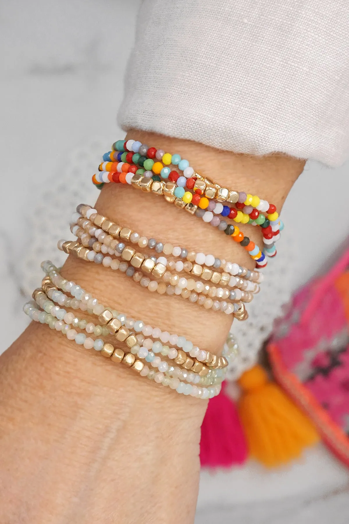 Gold tone 4 layering bracelets stack multi color glass beads