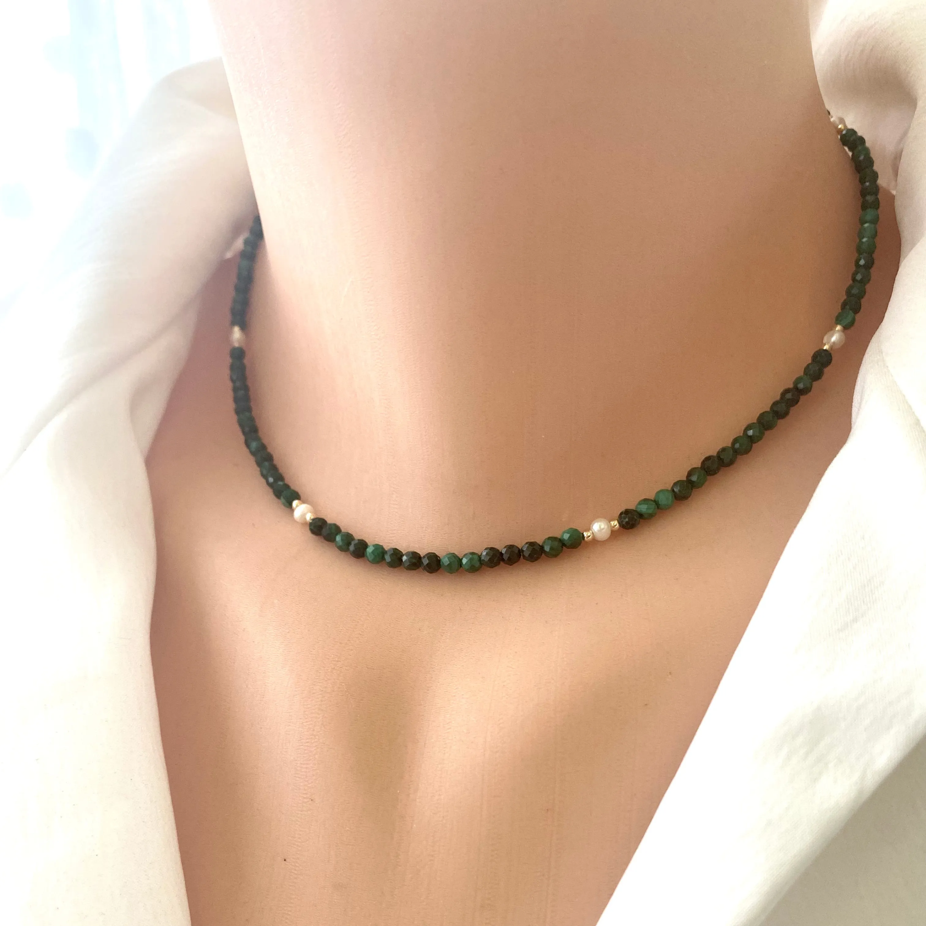 Green Malachite & Freshwater Pearls Choker Necklace, Gold Filled, 15 1Inch