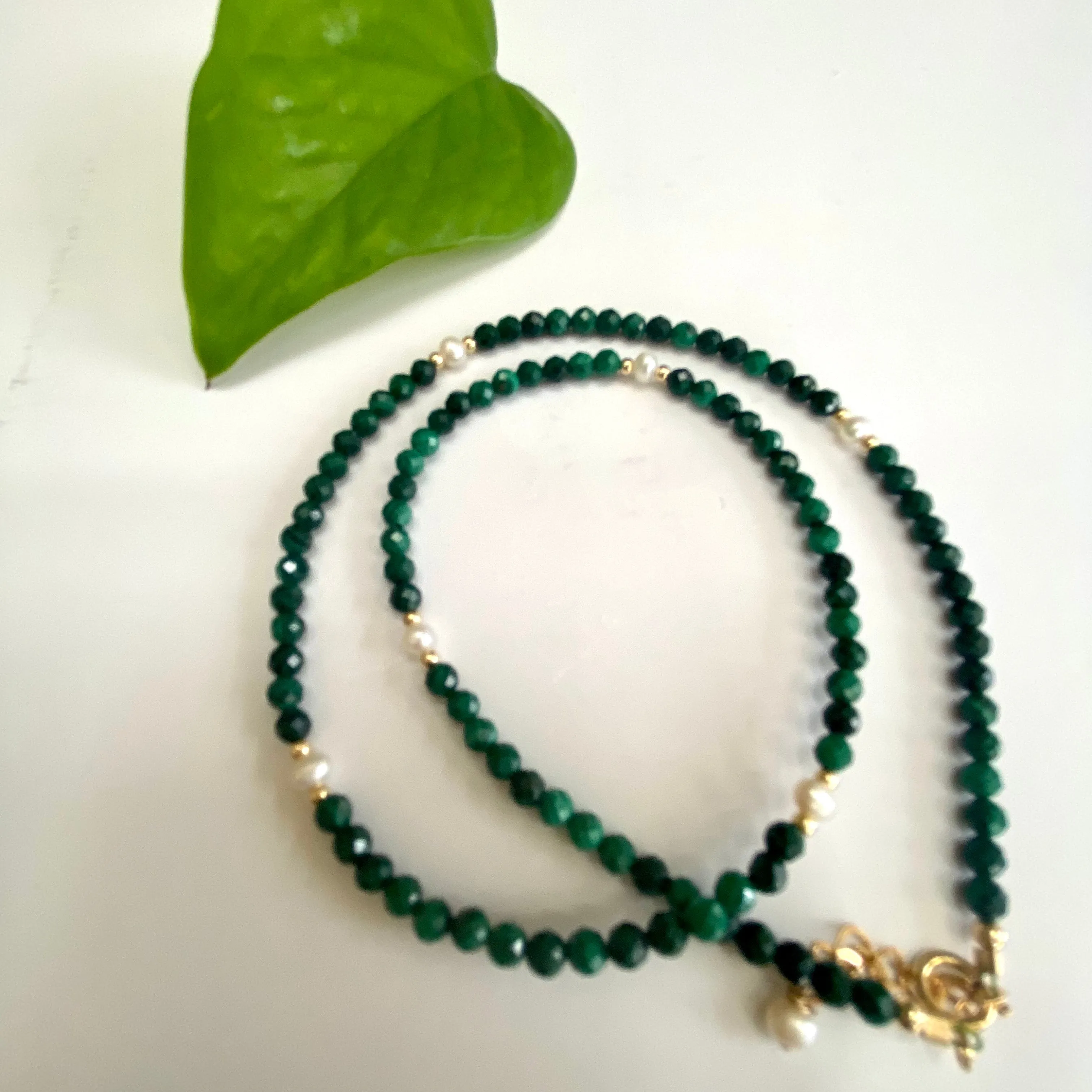 Green Malachite & Freshwater Pearls Choker Necklace, Gold Filled, 15 1Inch