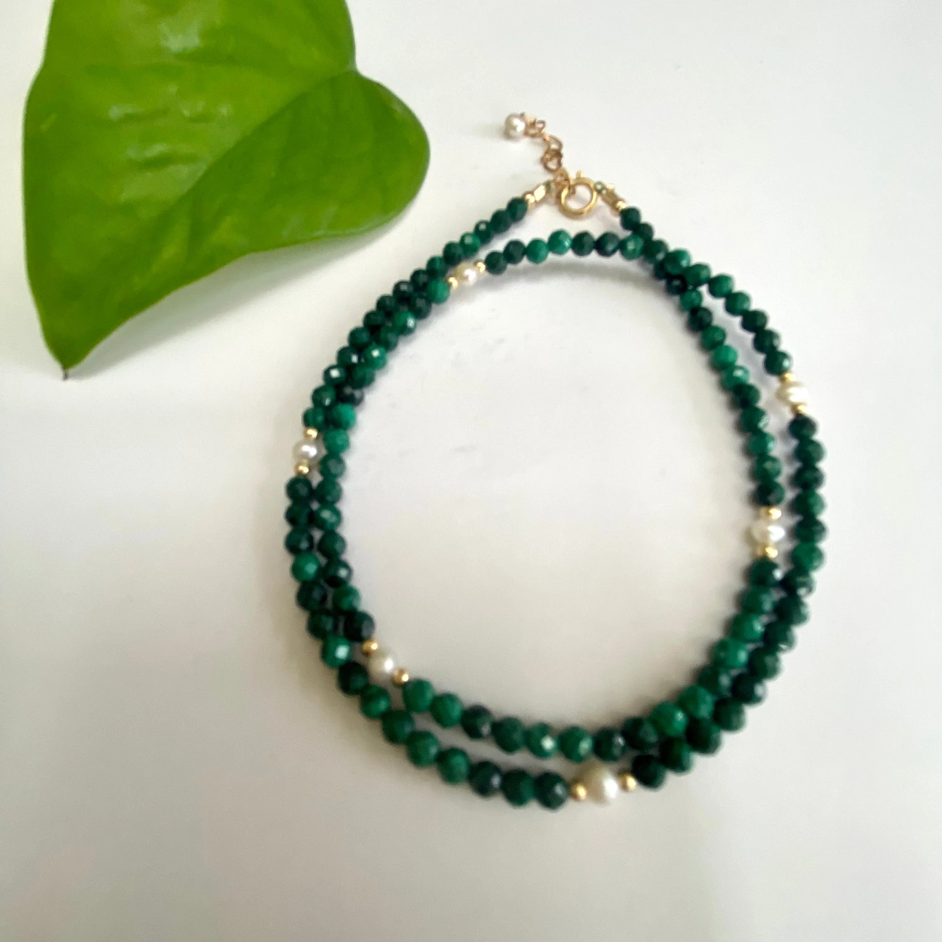 Green Malachite & Freshwater Pearls Choker Necklace, Gold Filled, 15 1Inch