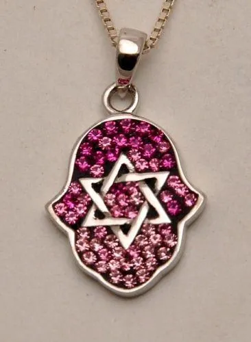 Hamsa Silver Pendant With Pink Gemstones   925 Sterling Silver Chain #14