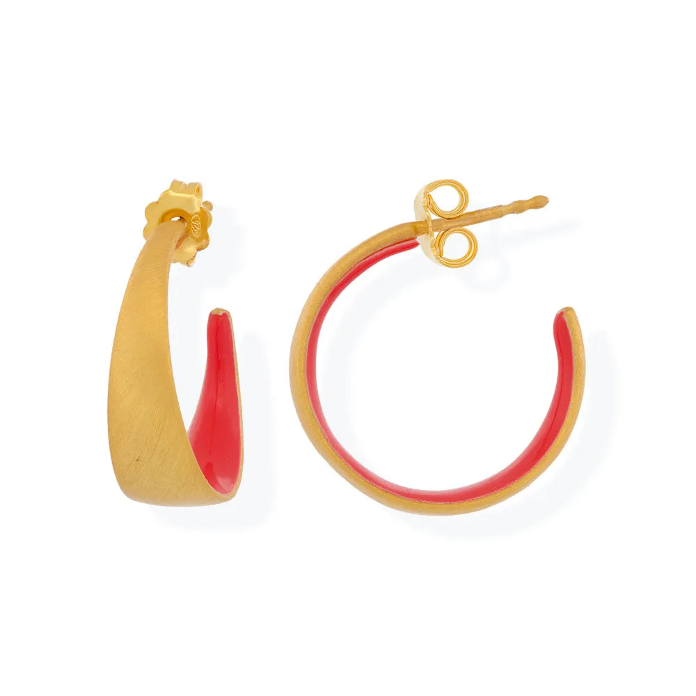 Handmade Gold Plated Silver Hoop Earrings With Red Enamel