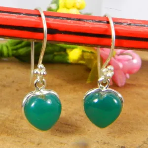 Heart Shaped Green Onyx 925 Sterling Silver Dangle Earrings