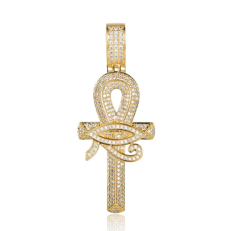 Iced Out Eye of Horus Ankh Cross Pendant - Gold