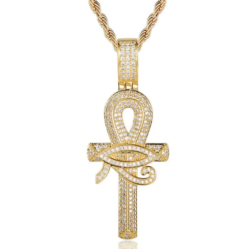 Iced Out Eye of Horus Ankh Cross Pendant - Gold