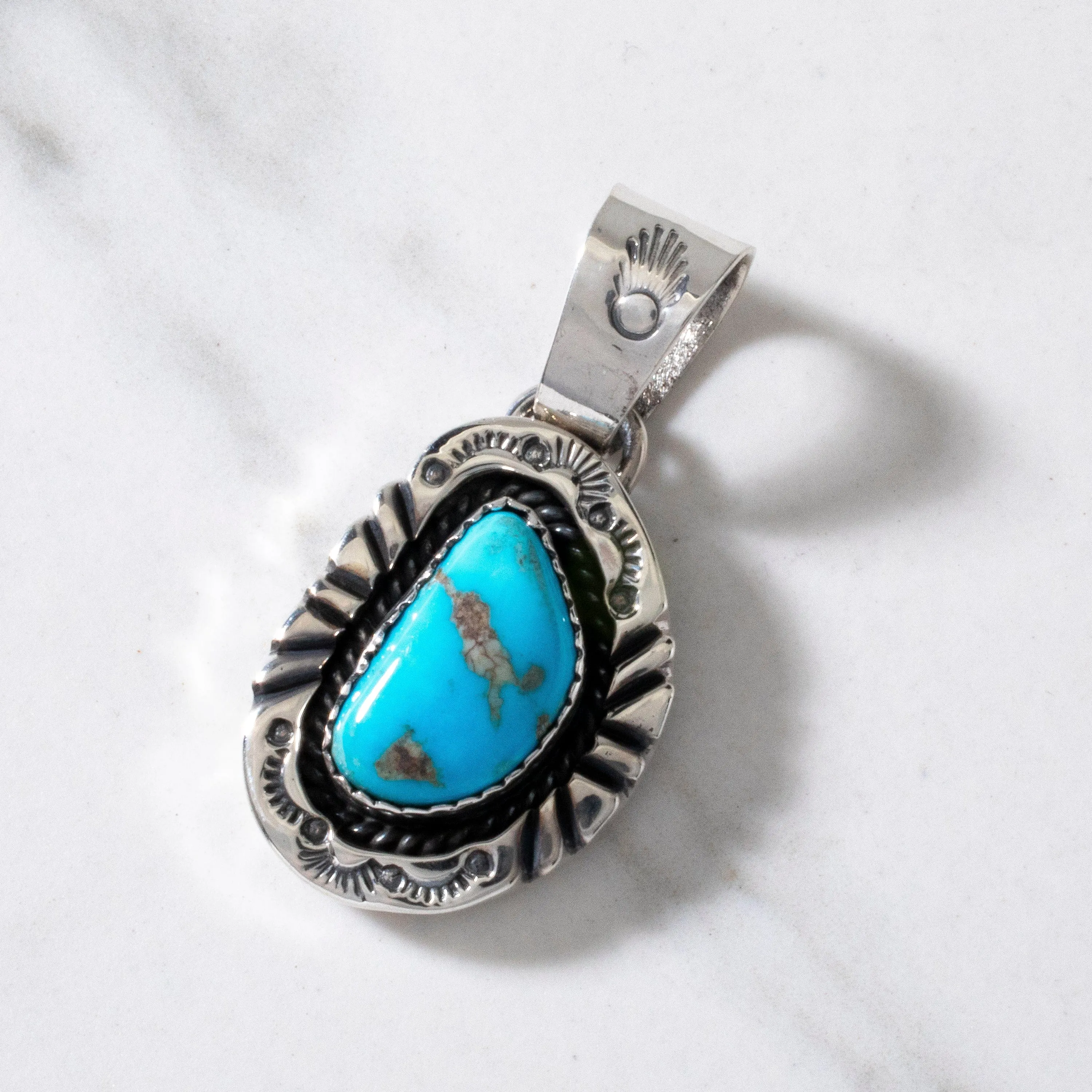 Joe Piaso Jr. Navajo Sleeping Beauty Turquoise USA Native American Made 925 Sterling Silver Pendant