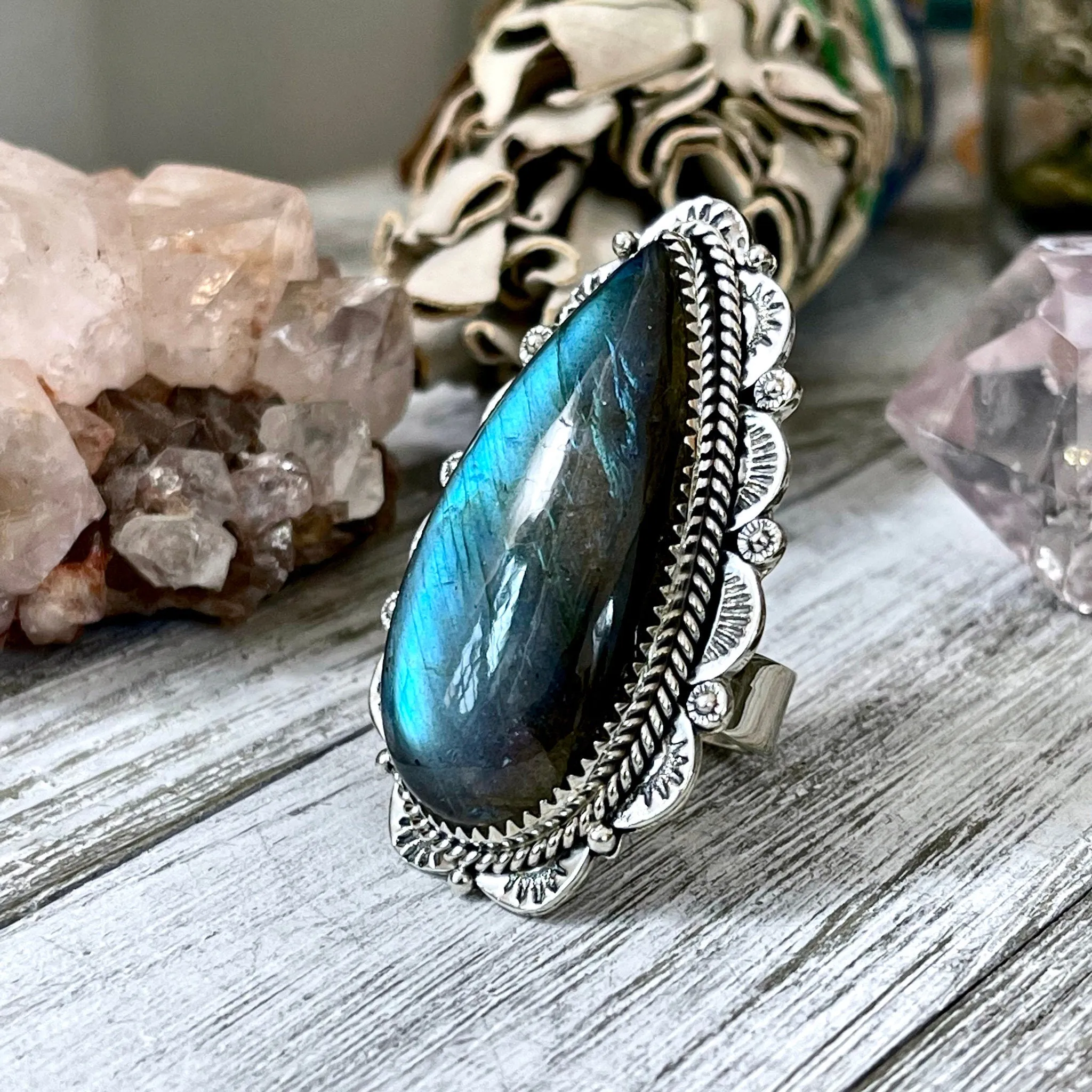 Labradorite Teardrop Crystal Statement Ring in Sterling Silver- Adjustable- Designed by FOXLARK Collection Adjusts to Size 6,7,8,9, or 10