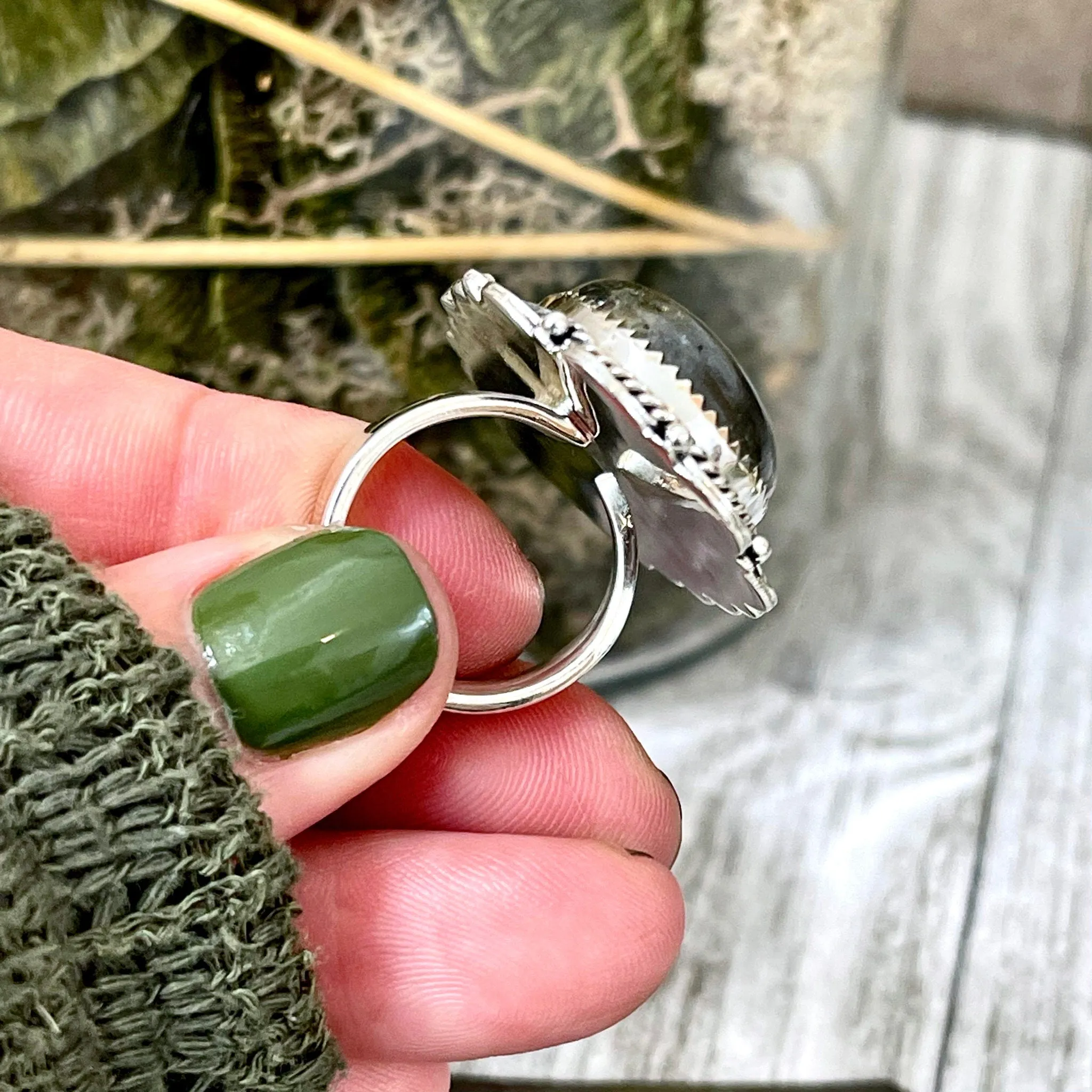 Labradorite Teardrop Crystal Statement Ring in Sterling Silver- Adjustable- Designed by FOXLARK Collection Adjusts to Size 6,7,8,9, or 10