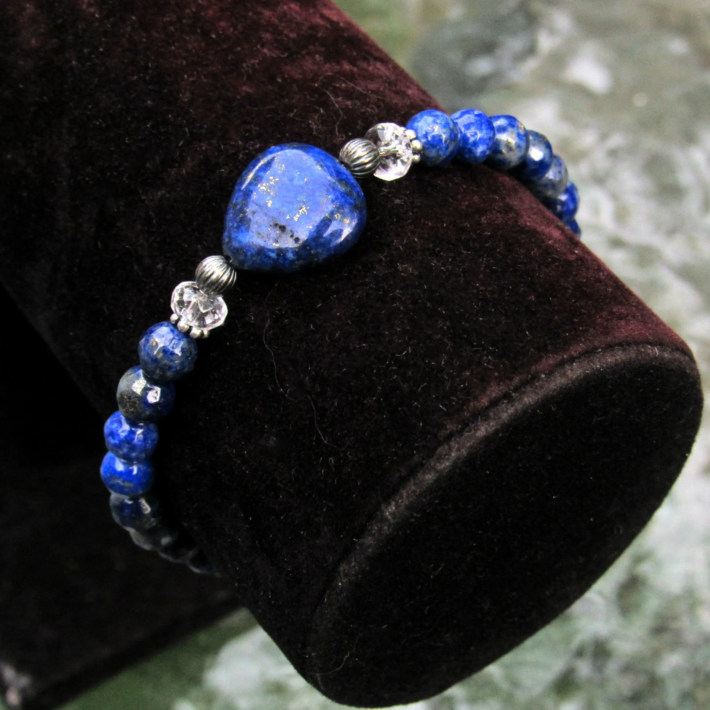 Lapis Lazuli gemstone, Clear Quartz, and Oxidized Sterling Silver Stretch Bracelet