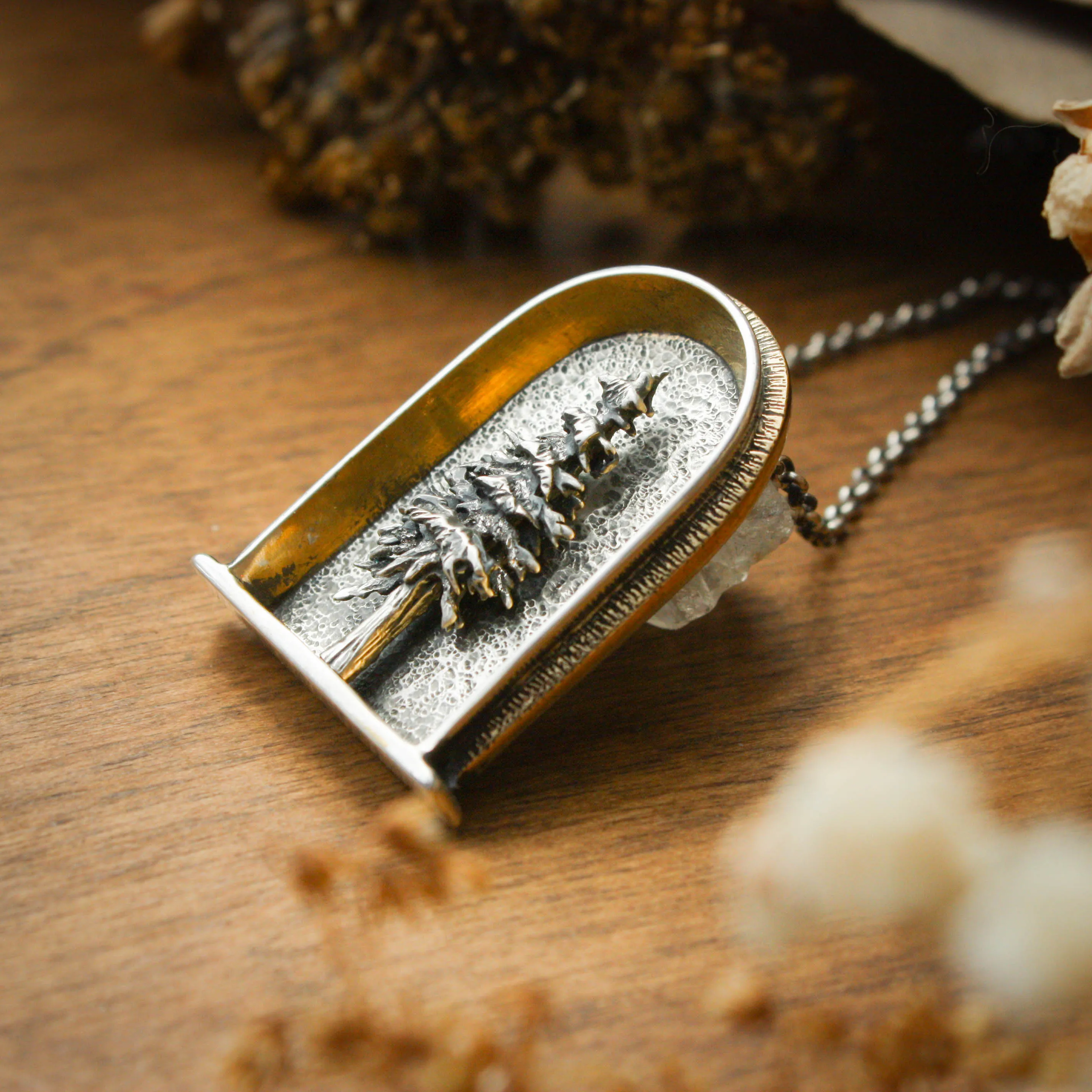 Lone Pine Sterling Silver, 24k Gold and Brass Shrine Pendant