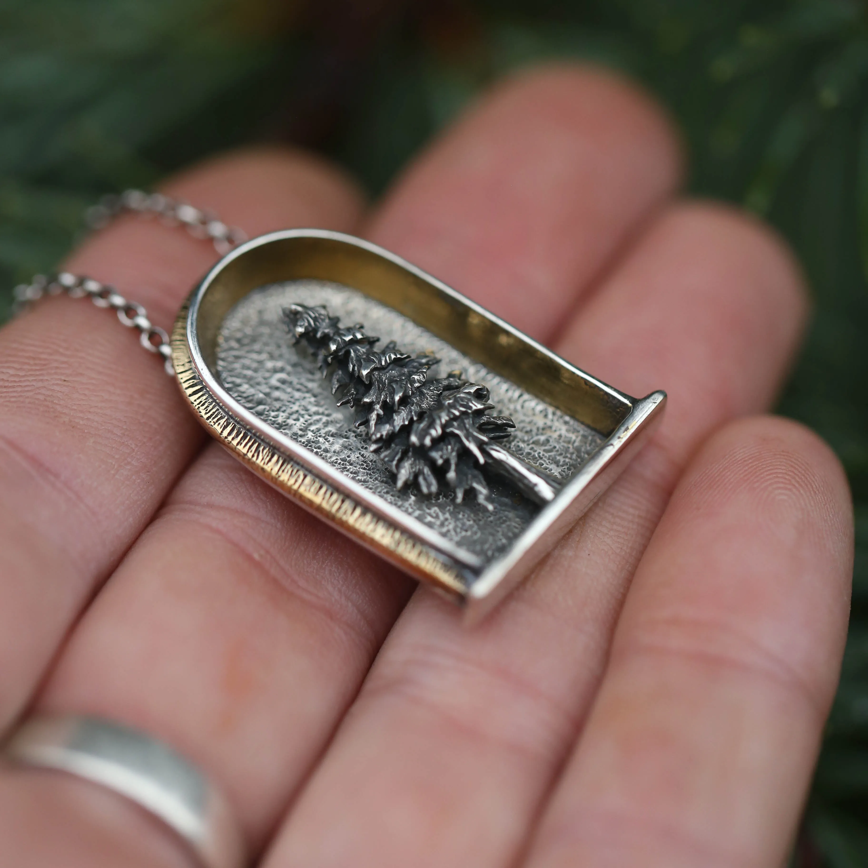 Lone Pine Sterling Silver, 24k Gold and Brass Shrine Pendant