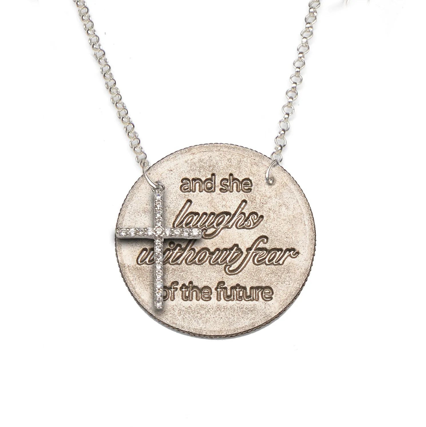 Mariamor She Laughs Without Fear Quarter (side-drilled), CZ Cross Necklace, Sterling Silver