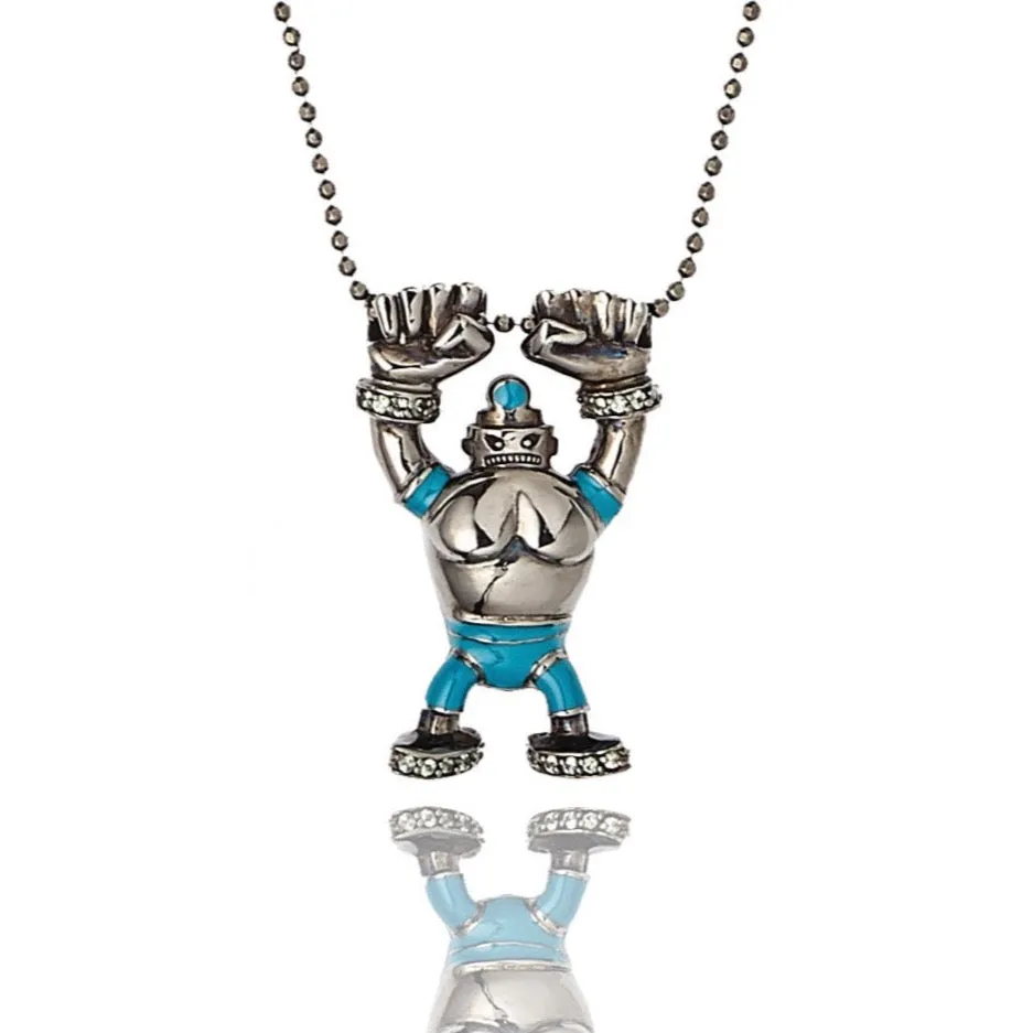 MCL Design Sterling Silver Robot Pendant with Aqua Enamel & Green Sapphires