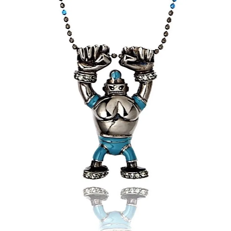 MCL Design Sterling Silver Robot Pendant with Toy Blue Enamel & Green Sapphires