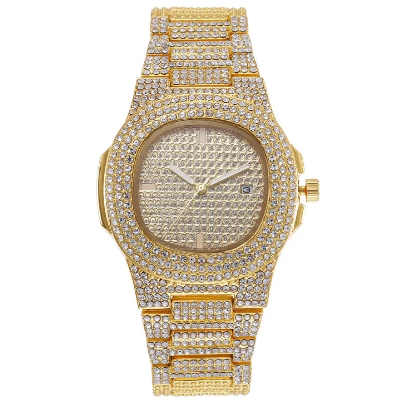 Men Hip-Hop Paved Rhinestones Watch, Bracelet, and Cuban Chain Necklace and Bling Jewelry Set