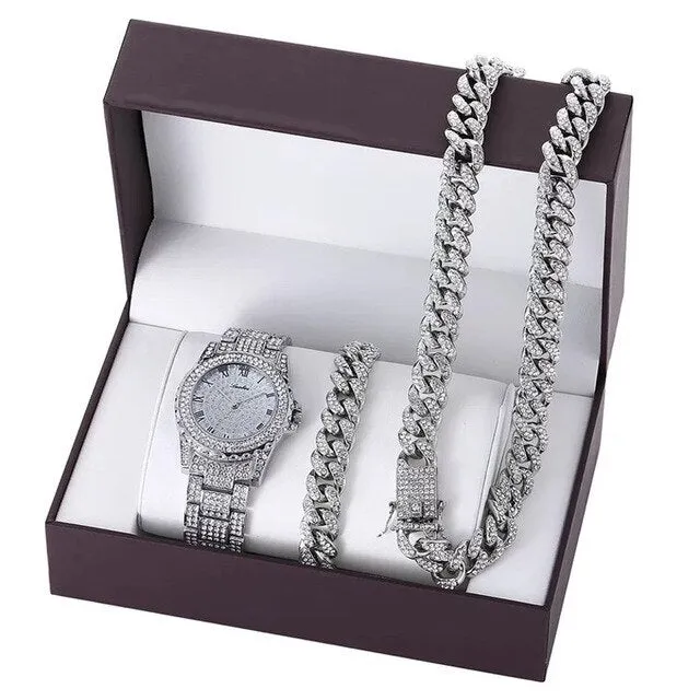 Men Hip-Hop Paved Rhinestones Watch, Bracelet, and Cuban Chain Necklace and Bling Jewelry Set