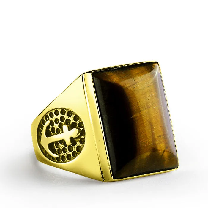 Men's Ring with Anchor in 10k Yellow Gold with Brown Tiger's Eye Natural Stone