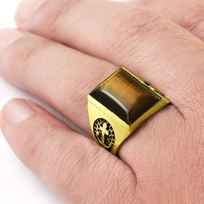 Men's Ring with Anchor in 10k Yellow Gold with Brown Tiger's Eye Natural Stone