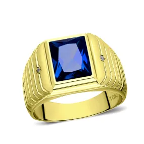 Mens Solid 10K Yellow Gold Band Ring with Blue Sapphire and 0.04ct Diamonds