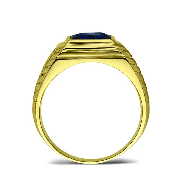 Mens Solid 10K Yellow Gold Band Ring with Blue Sapphire and 0.04ct Diamonds