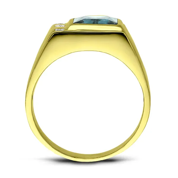 Mens Yellow 14K Gold Ring Blue Topaz Gemstone and Natural Diamonds Fine Ring for Man