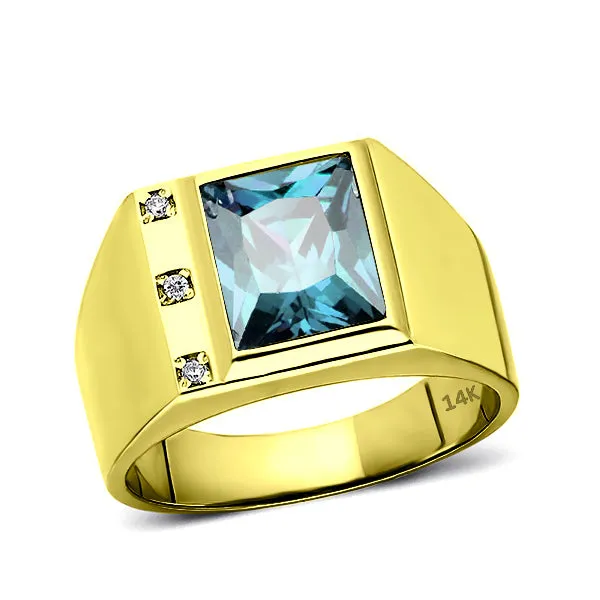 Mens Yellow 14K Gold Ring Blue Topaz Gemstone and Natural Diamonds Fine Ring for Man