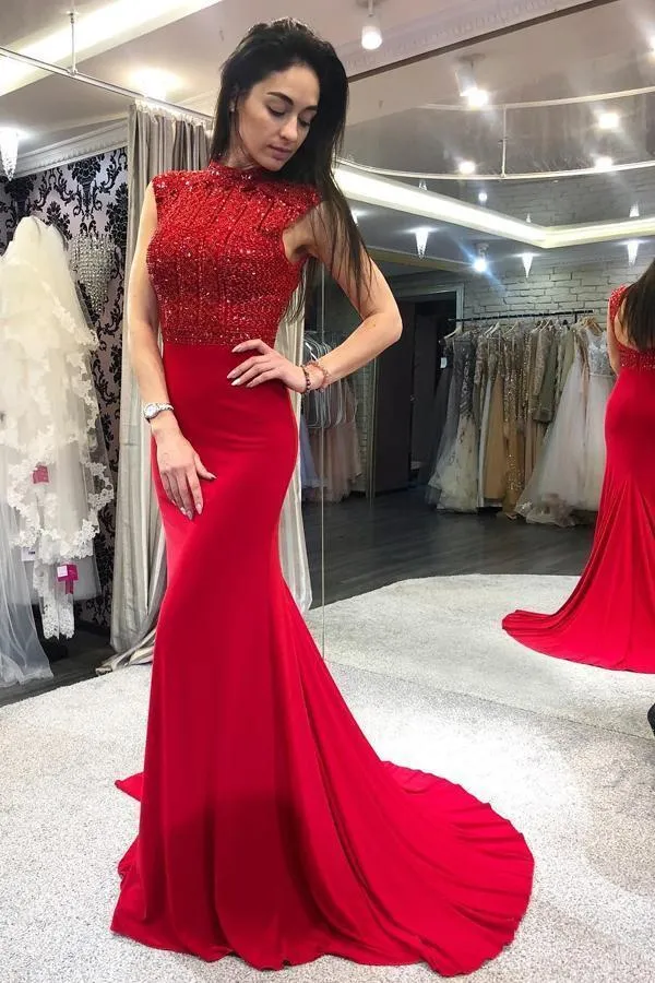 Mermaid High Neck Open Back Red Prom Dresses with Beads Long Evening Dresses