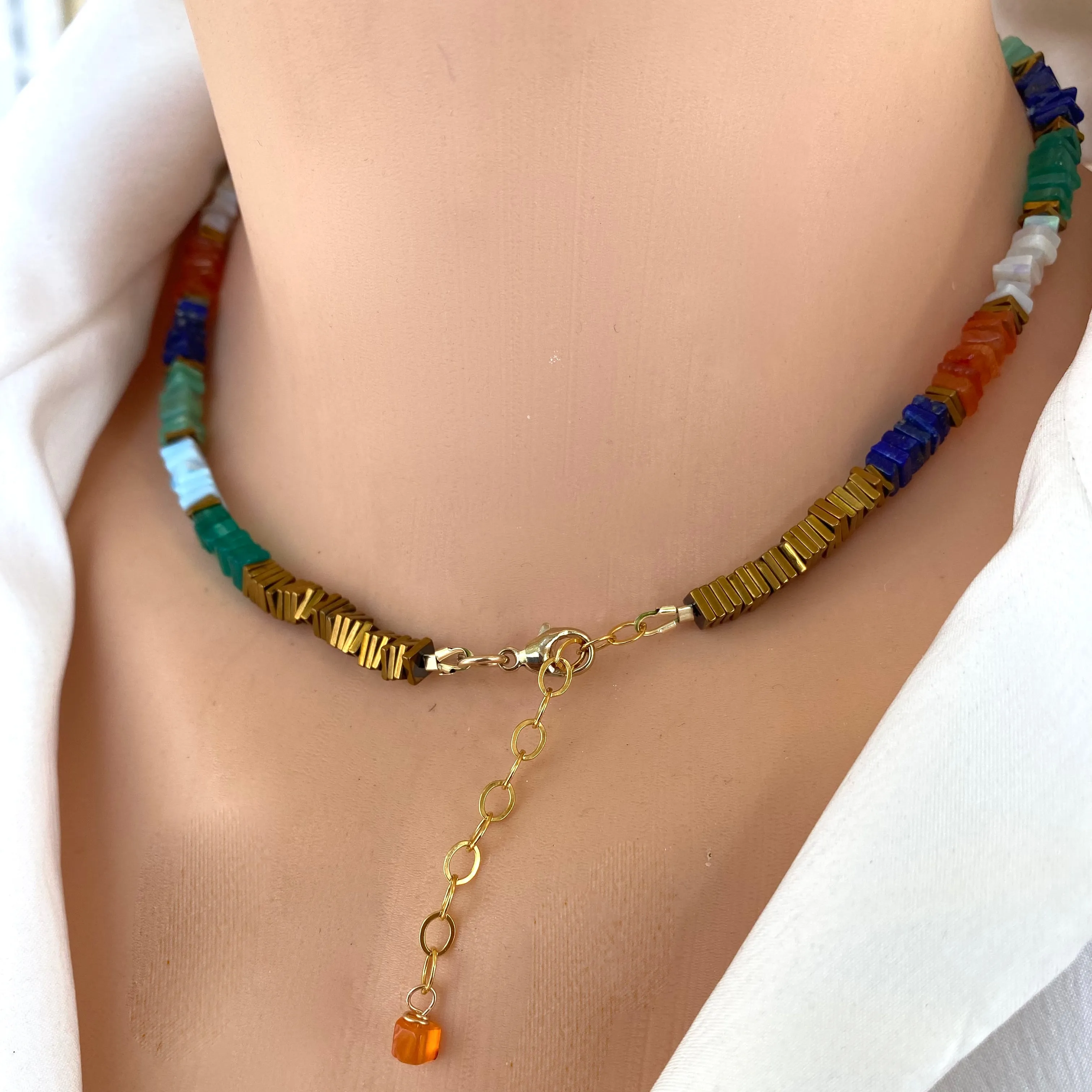 Mixed Gemstones Necklace, Lapis Lazuli, Carnelian, Chrysoprase, Opal & Green Onyx, Gold Filled, 15or 16in