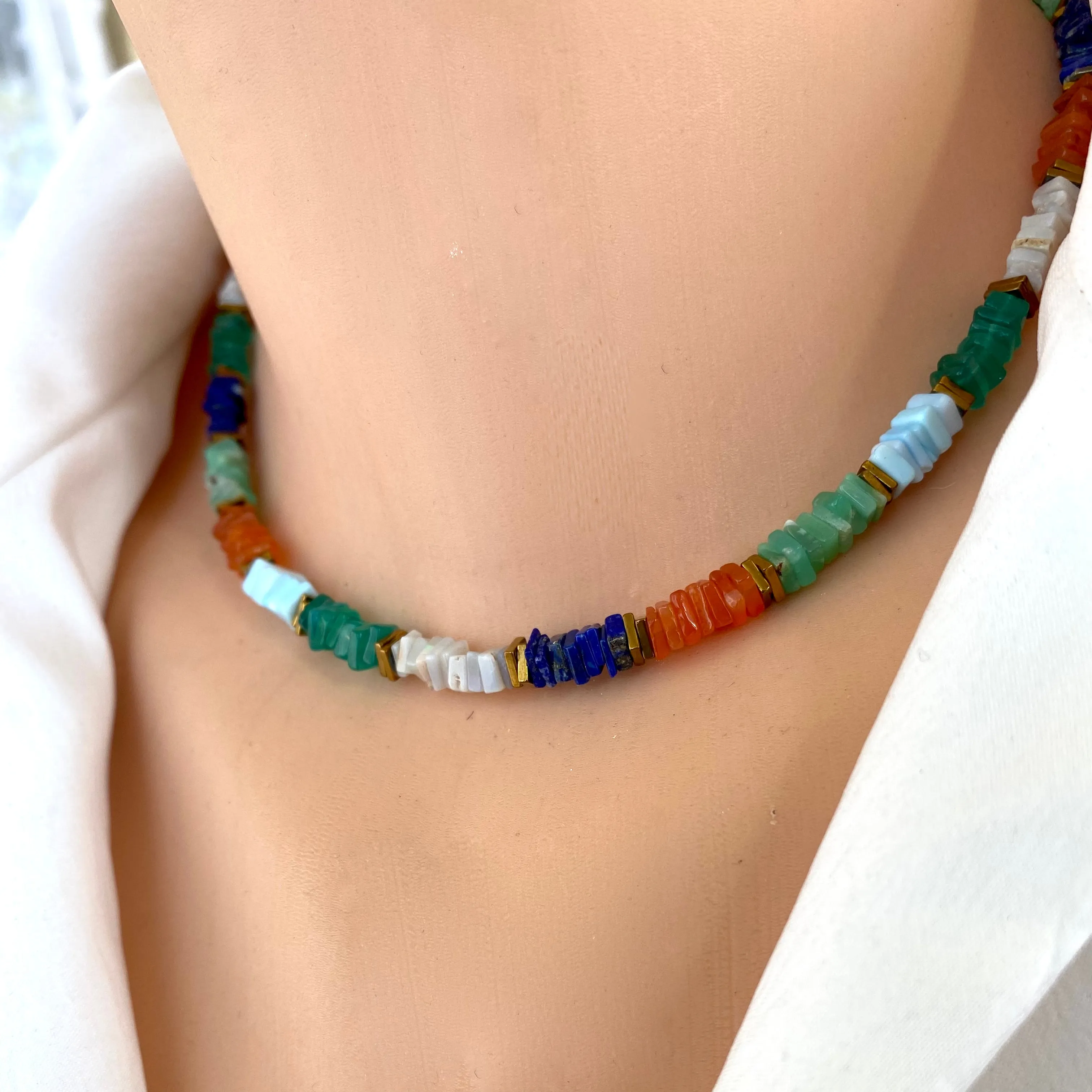 Mixed Gemstones Necklace, Lapis Lazuli, Carnelian, Chrysoprase, Opal & Green Onyx, Gold Filled, 15or 16in