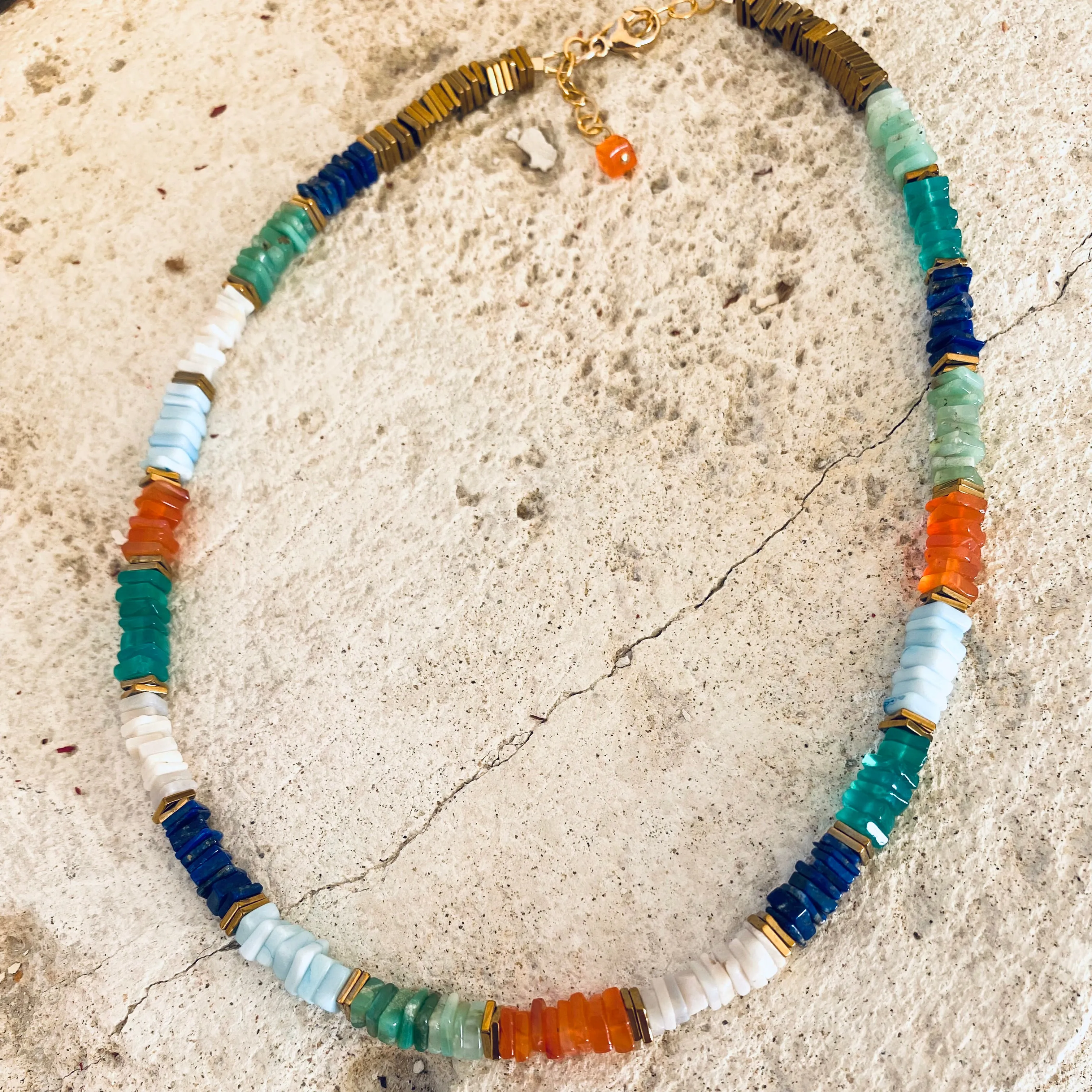 Mixed Gemstones Necklace, Lapis Lazuli, Carnelian, Chrysoprase, Opal & Green Onyx, Gold Filled, 15or 16in