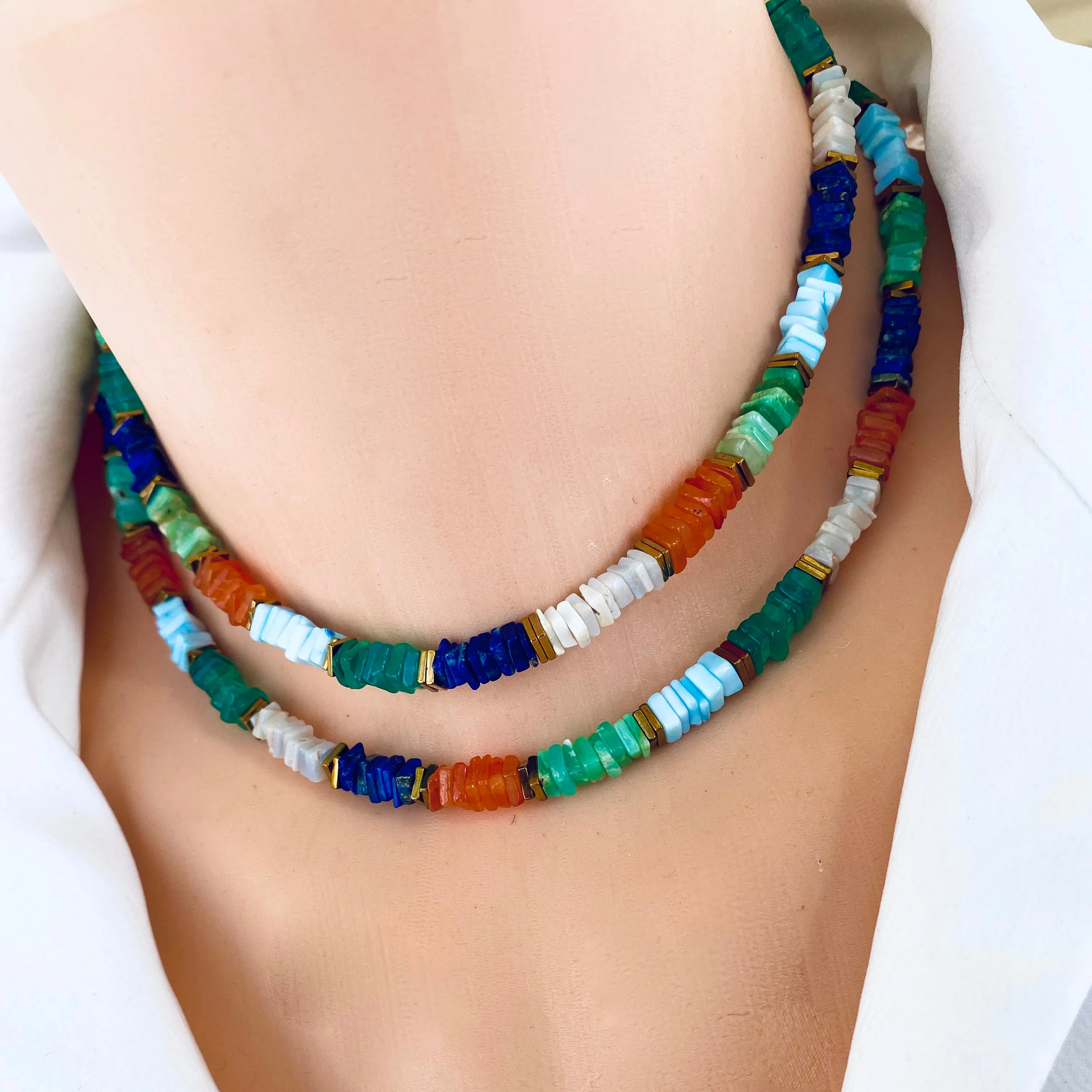 Mixed Gemstones Necklace, Lapis Lazuli, Carnelian, Chrysoprase, Opal & Green Onyx, Gold Filled, 15or 16in