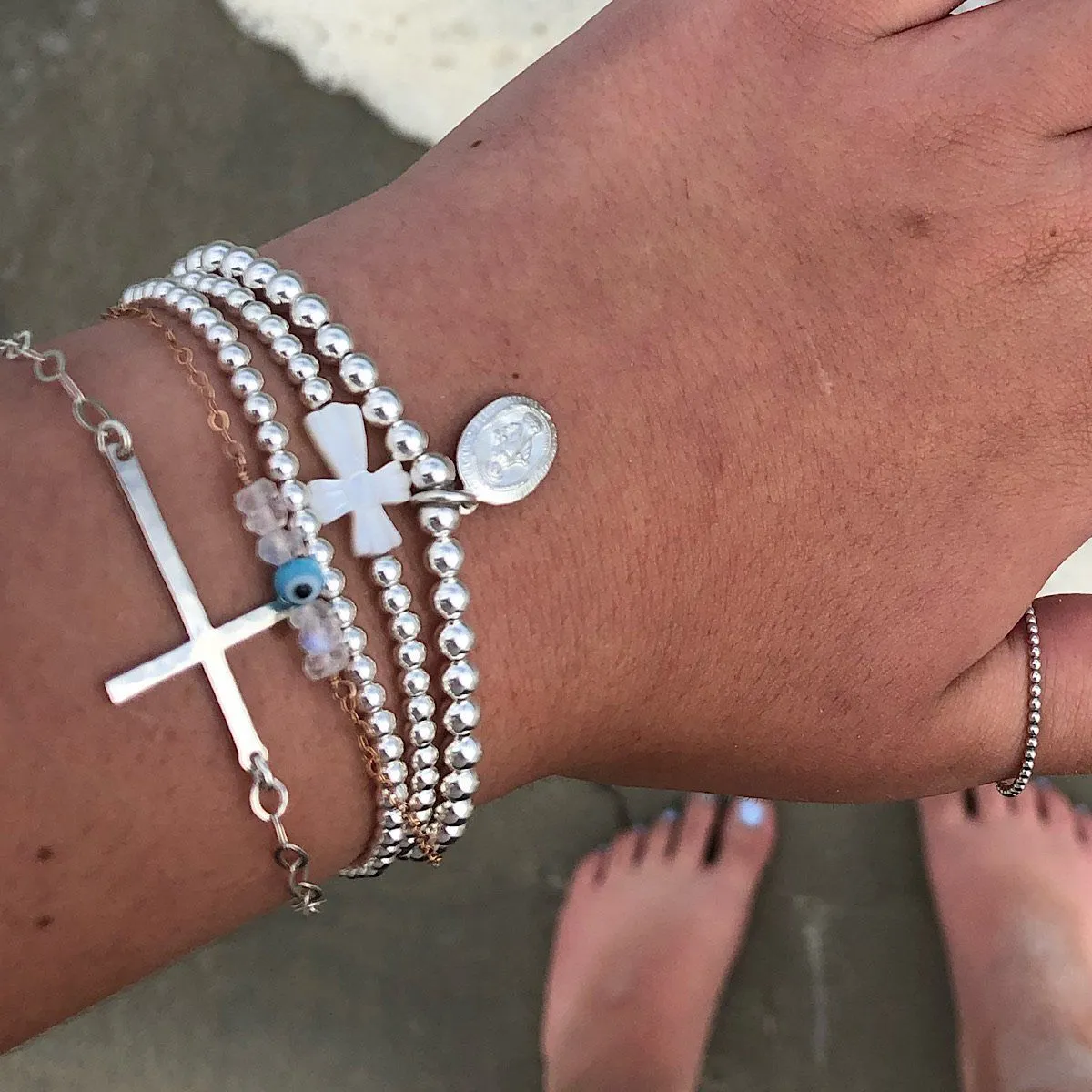 Mother of Pearl Cross Bead Bracelet Silver