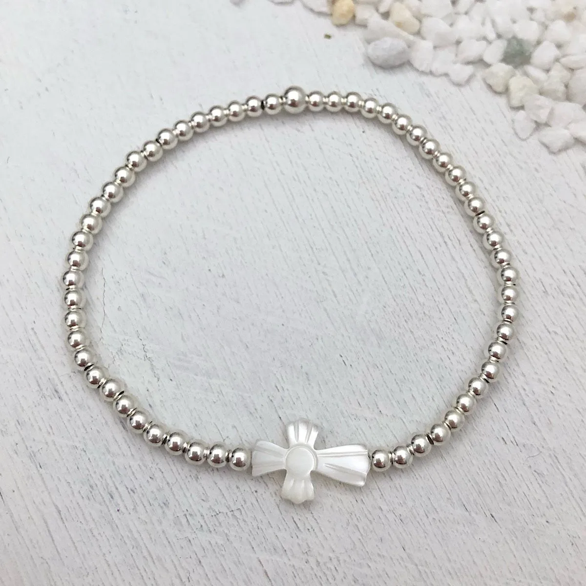 Mother of Pearl Cross Bead Bracelet Silver