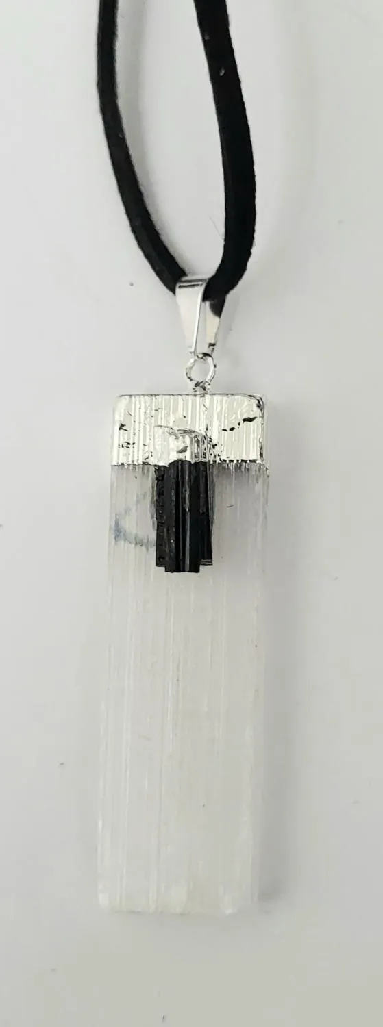 Necklace, Selenite Slab w-Black Tourmaline on Black Cord