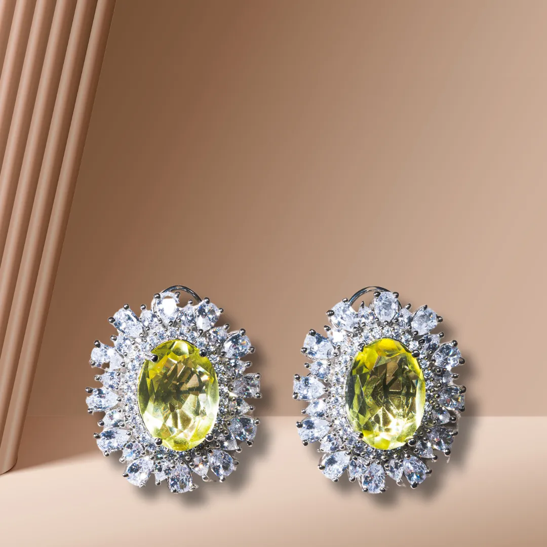 Nouf Citrine Yellow White Gold Statement Studs Indian Jewelry by Jaipur Rose