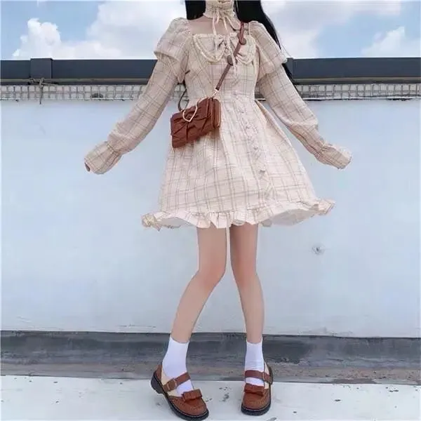 Olivia Snowbird Plaid Kawaii Princess Dolly Dress with Choker