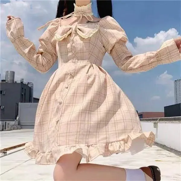 Olivia Snowbird Plaid Kawaii Princess Dolly Dress with Choker