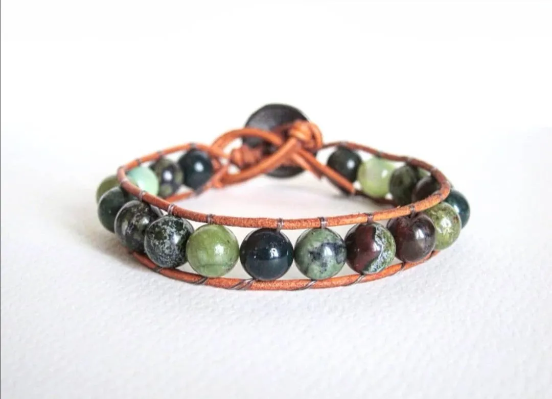 Opal Bloodstone Jasper Mix Leather Single Wrap Bracelet