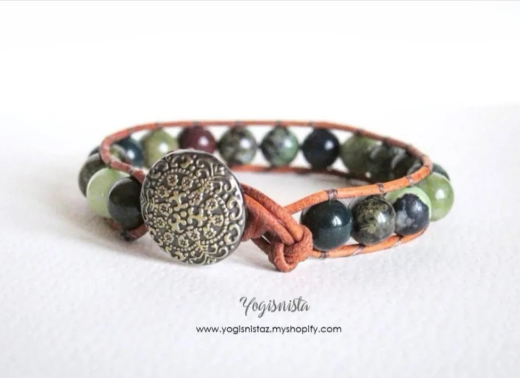 Opal Bloodstone Jasper Mix Leather Single Wrap Bracelet