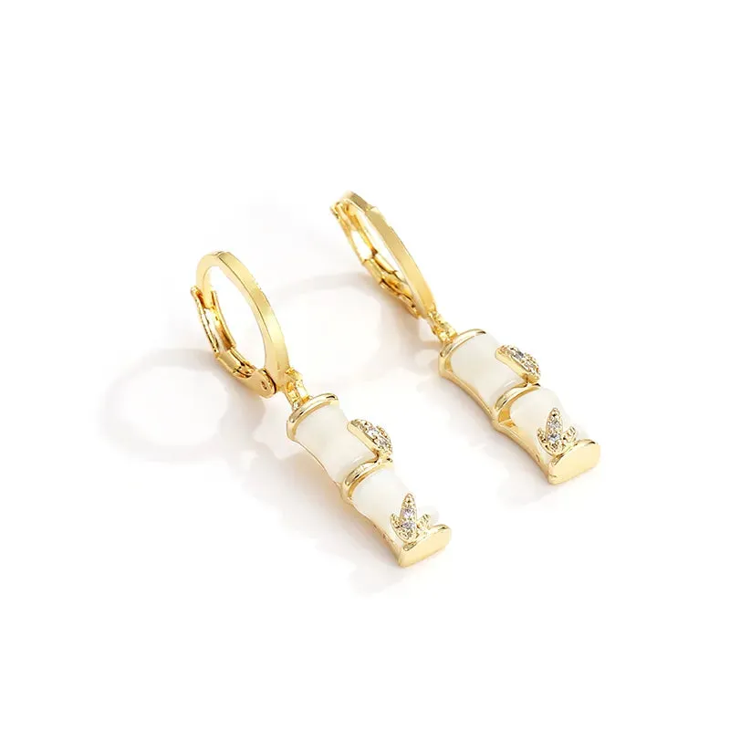 Opals Stone Bamboo Shaped Gold Color Drop Earrings