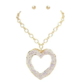 Over Sized Stone Paved Open Heart Pendant Chunky Jewelry Set