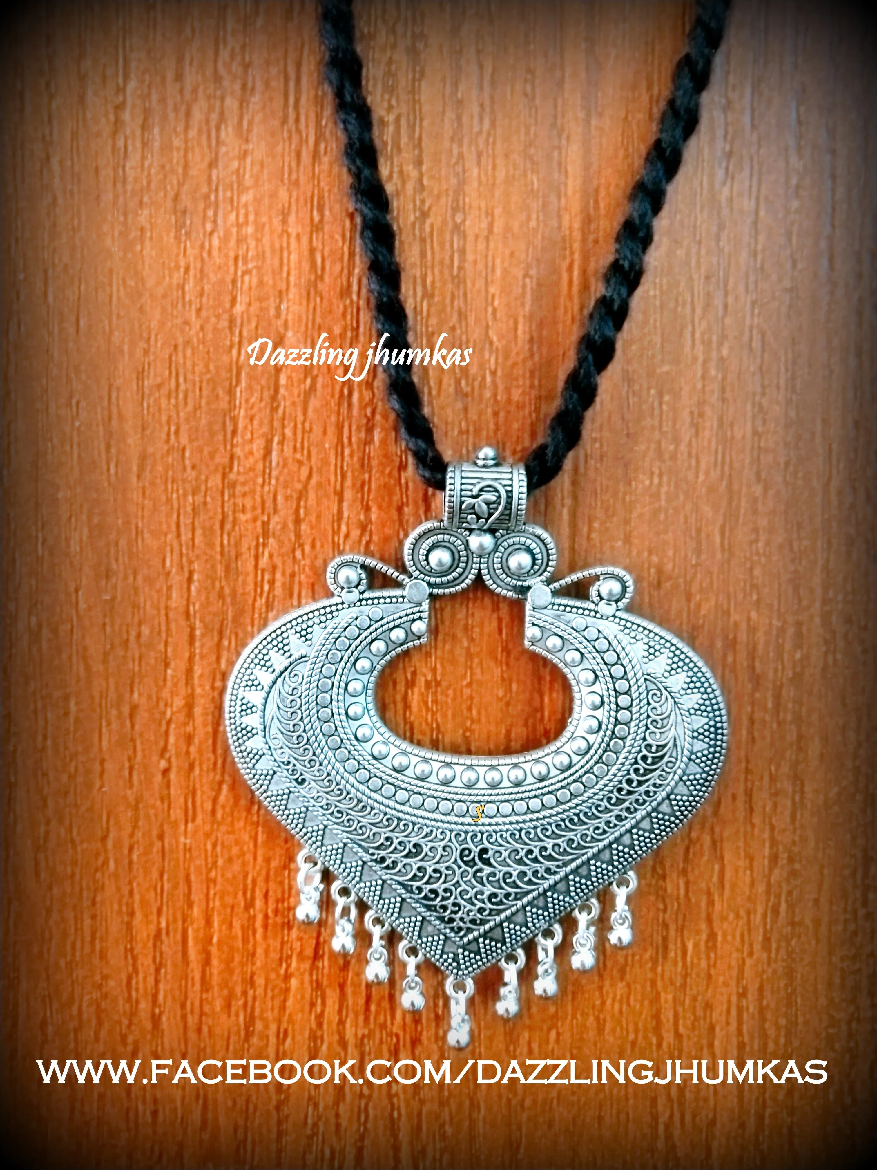 Oxidised Leaf Pendant with beads and Black adjustable Necklace Cord Dori