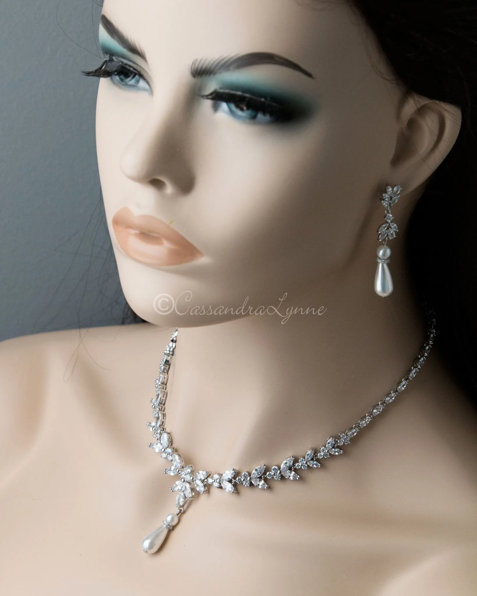 Pearl and CZ Wedding Necklace Set