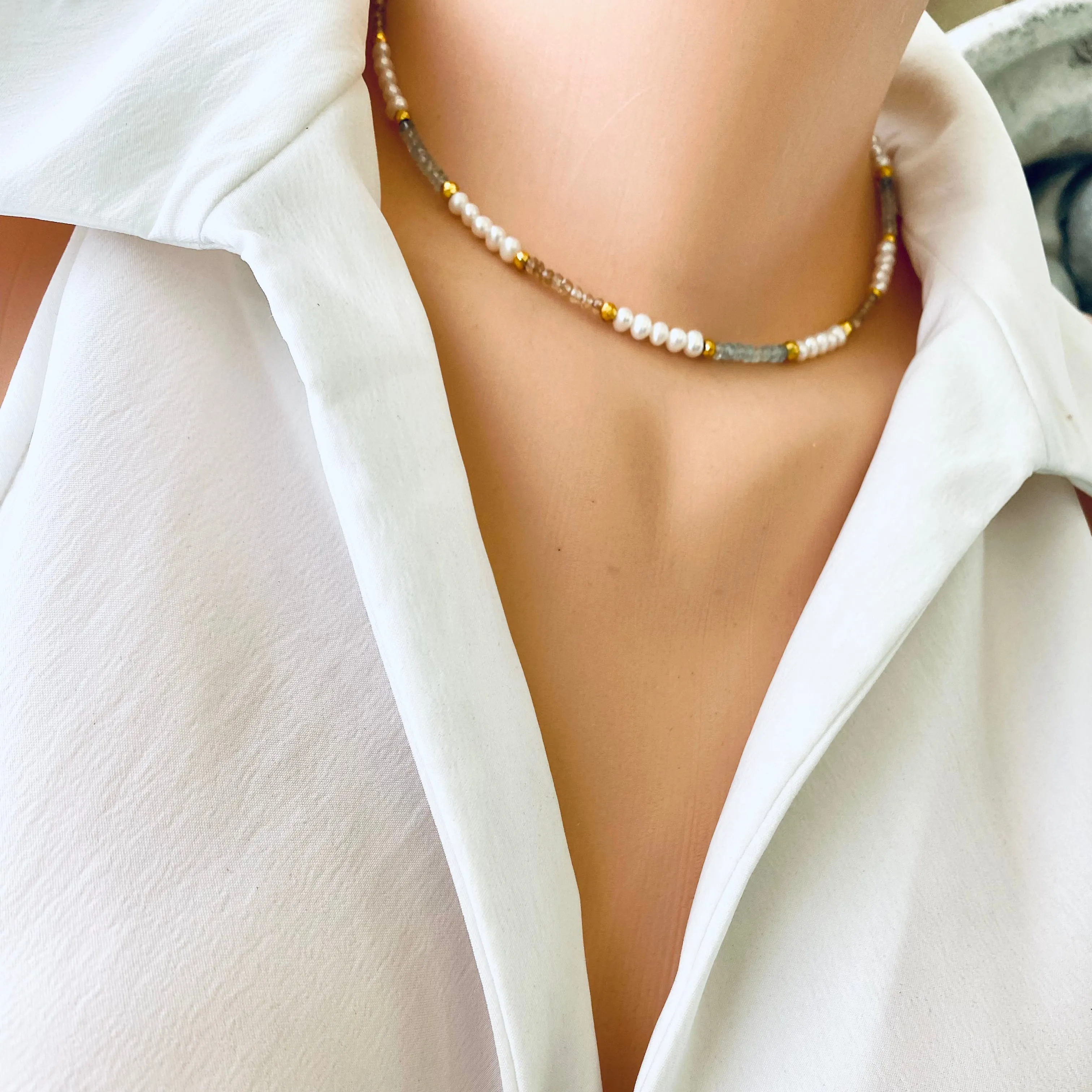 Pearl Choker Necklace with Citrine and Aquamarine Beads, Gold Filled, 15inches