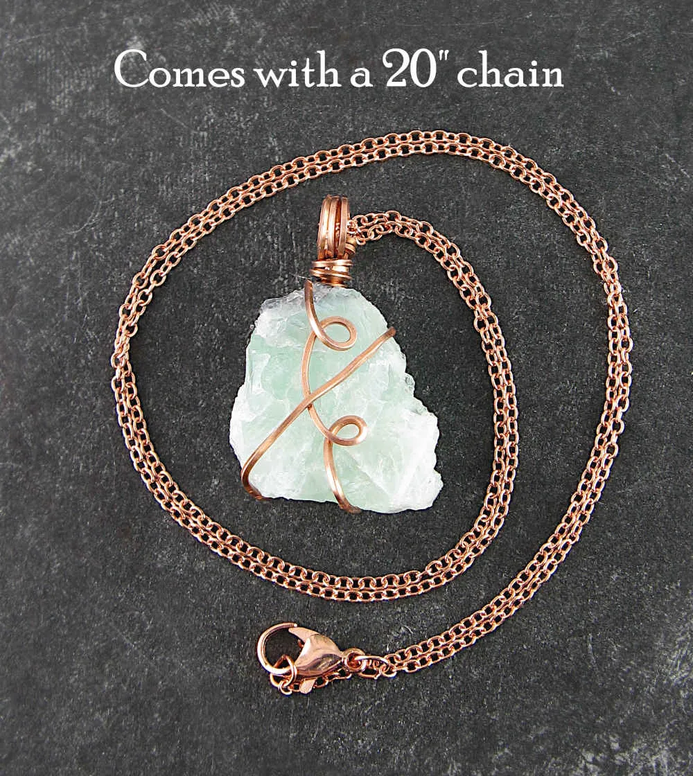 Raw Fluorite Crystal Pendant, Copper Wire-Wrapped, with 20 Chain, Handmade